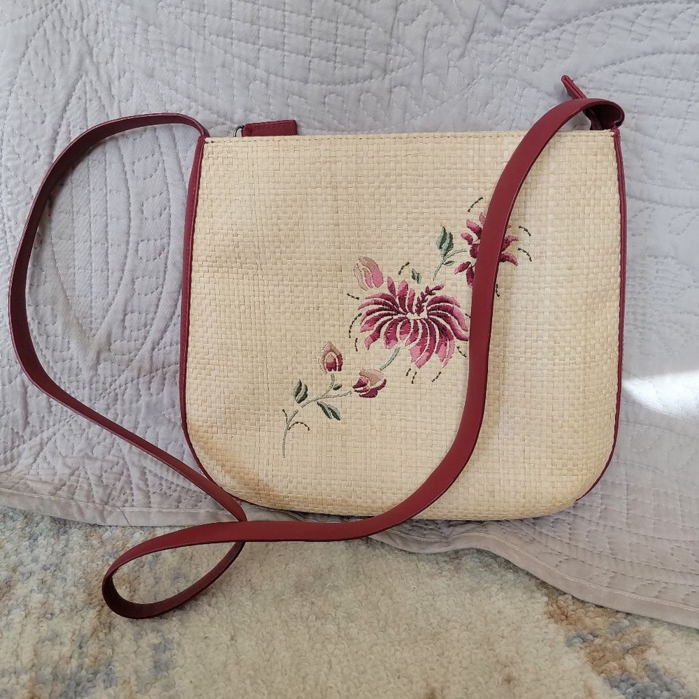 Etienne Aigner Paper Straw Leather Lined Floral Embroidered Boho Crossbody Purse - Picture 1 of 7